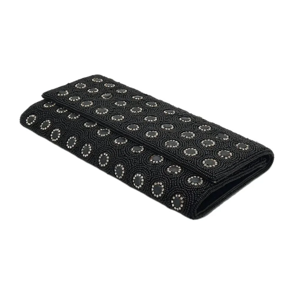 Deepa Gurnani Pattern Handmade Bead/Crystal Evening Bag Clutch Black NEW FLAWS